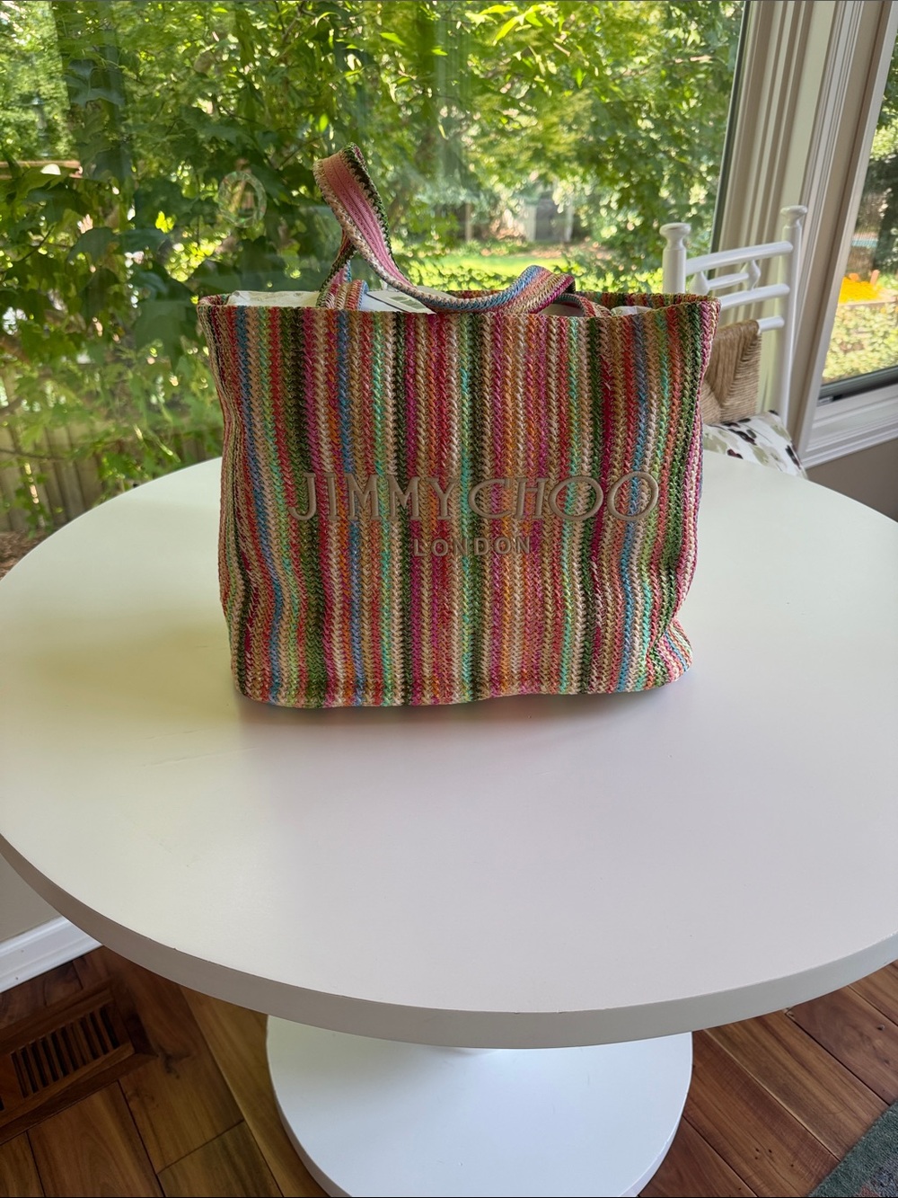 Jimmy Choo Multicolor Pink Green Blue Striped Tote
